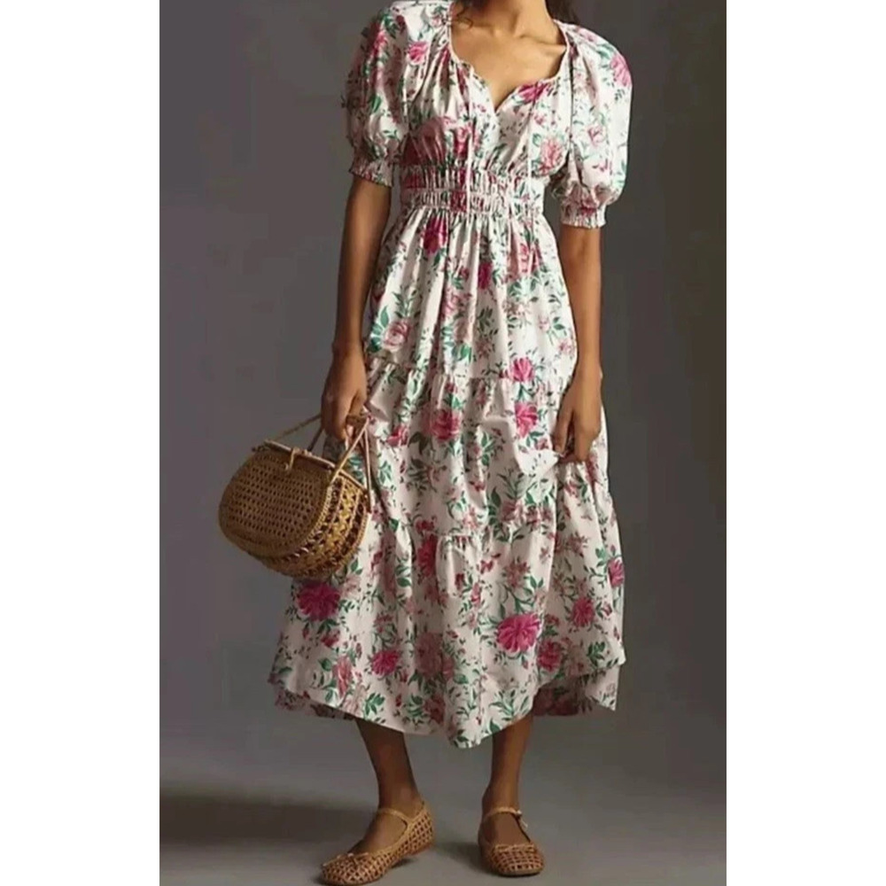 Anthropologie The Somerset Maxi Dress Womens XS Floral Neutral Motif Puff Sleeve - Picture 2 of 10